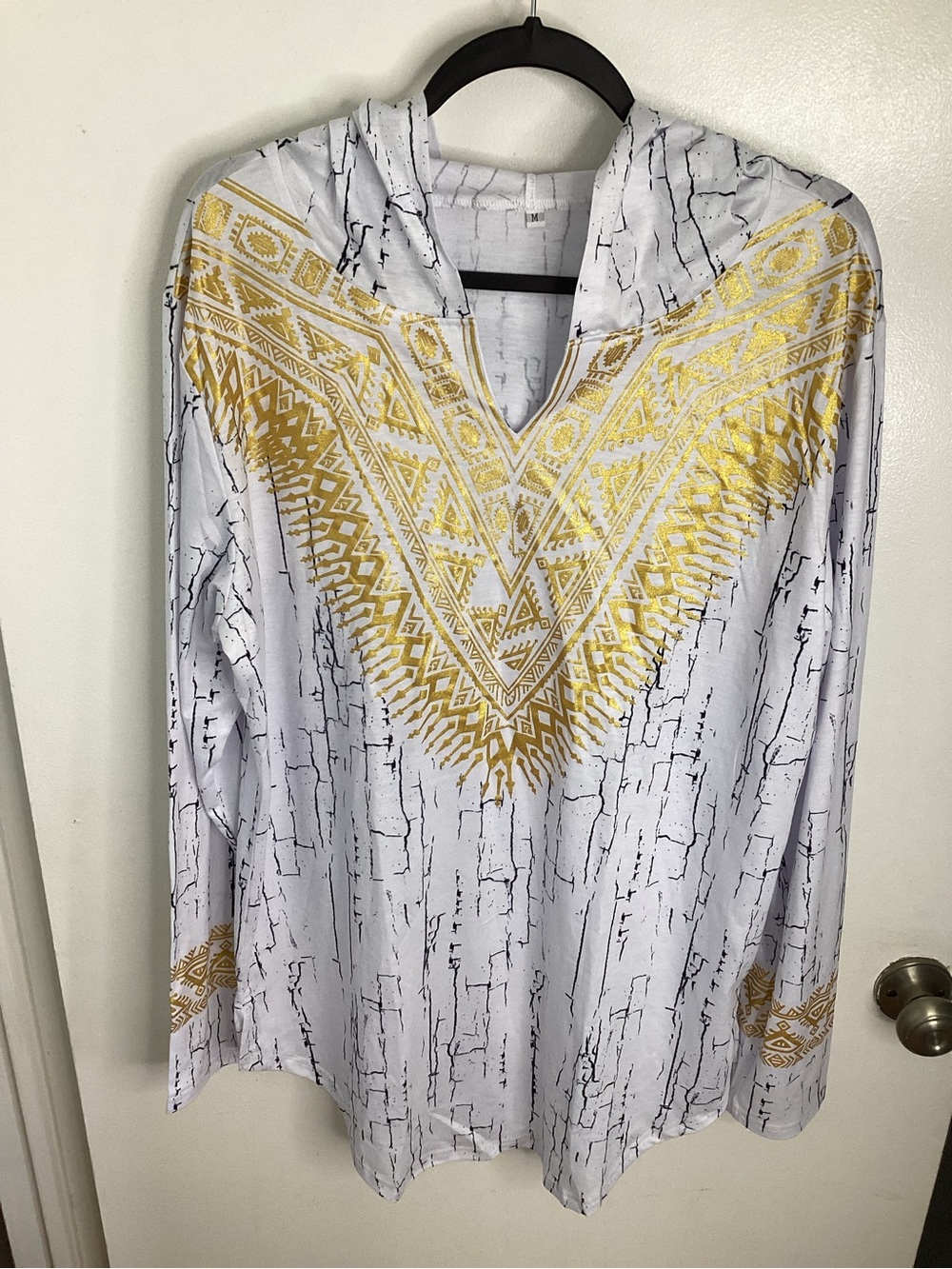 White 100% Cotton Hoodie with Gold Geometric V-Detail M